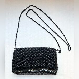 Beaded Shoulder Bag/Clutch in Black. Foldover Top Flap, Metal Chain Strap
